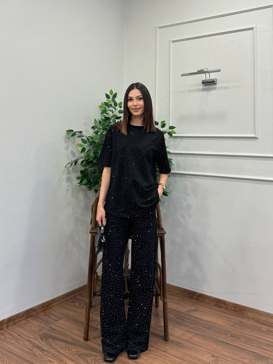 Star Set Bluz Pantolon Siyah Taşlı Takım