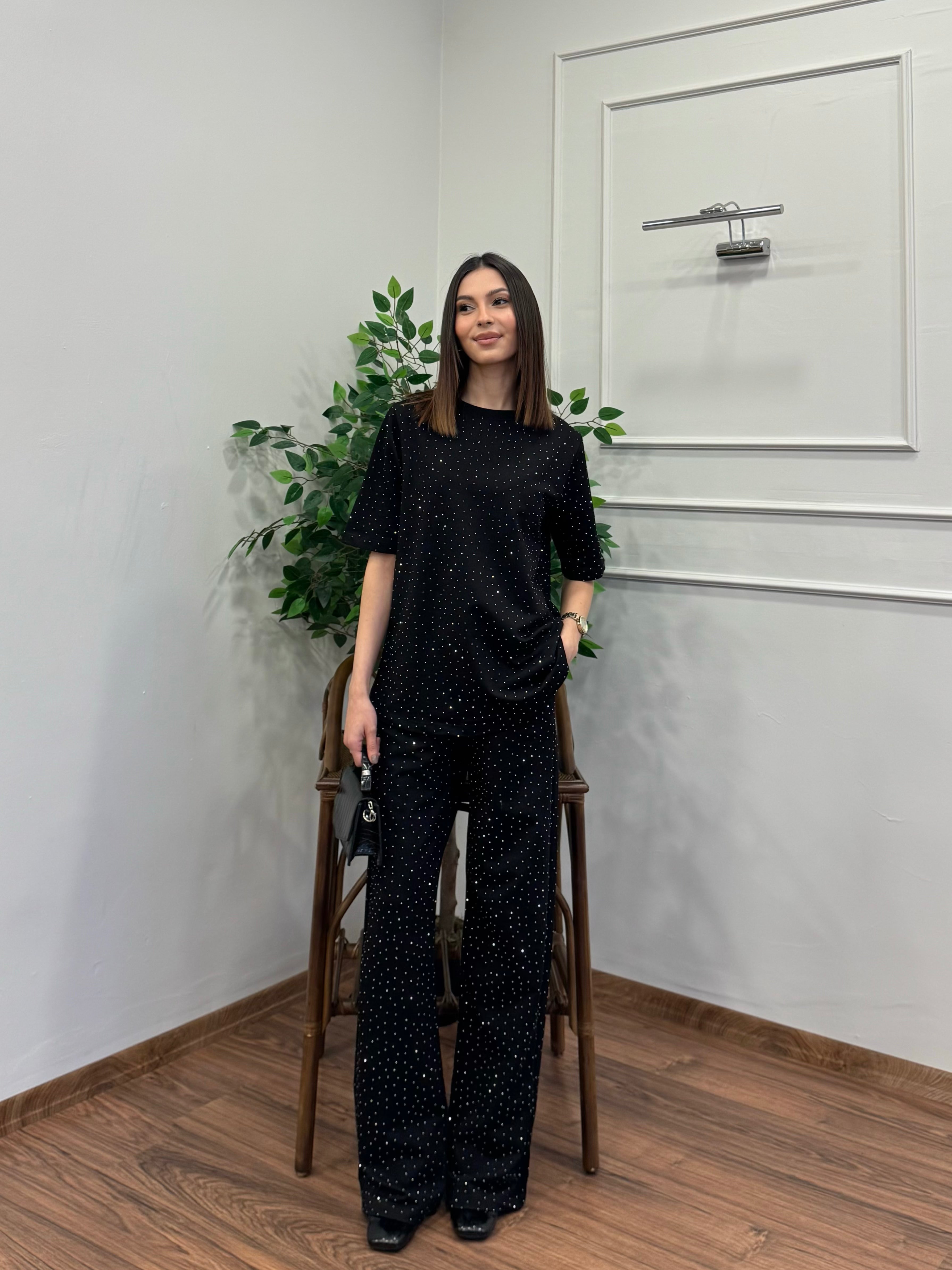 Star Set Bluz Pantolon Siyah Taşlı Takım