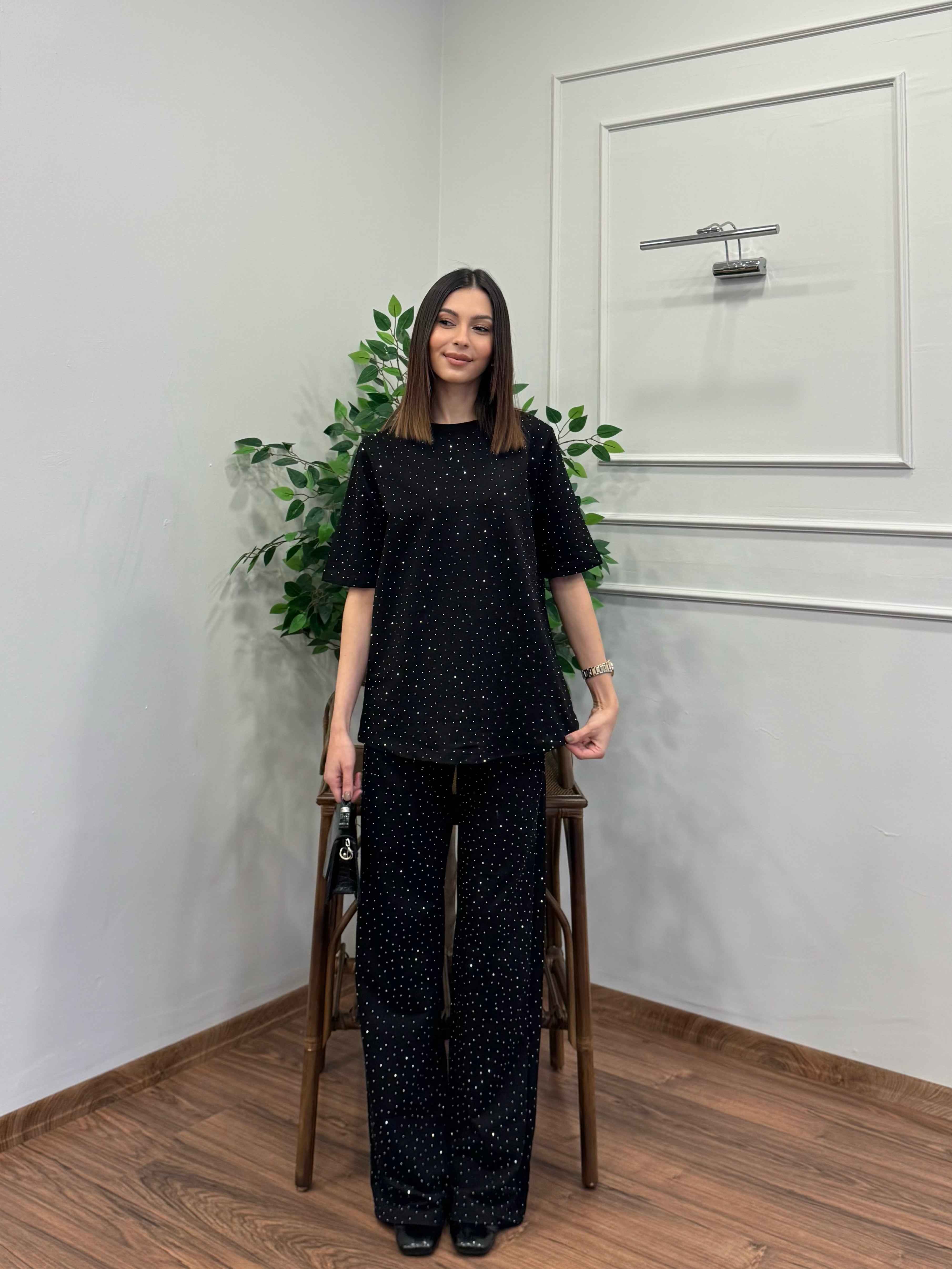 Star Set Bluz Pantolon Siyah Taşlı Takım