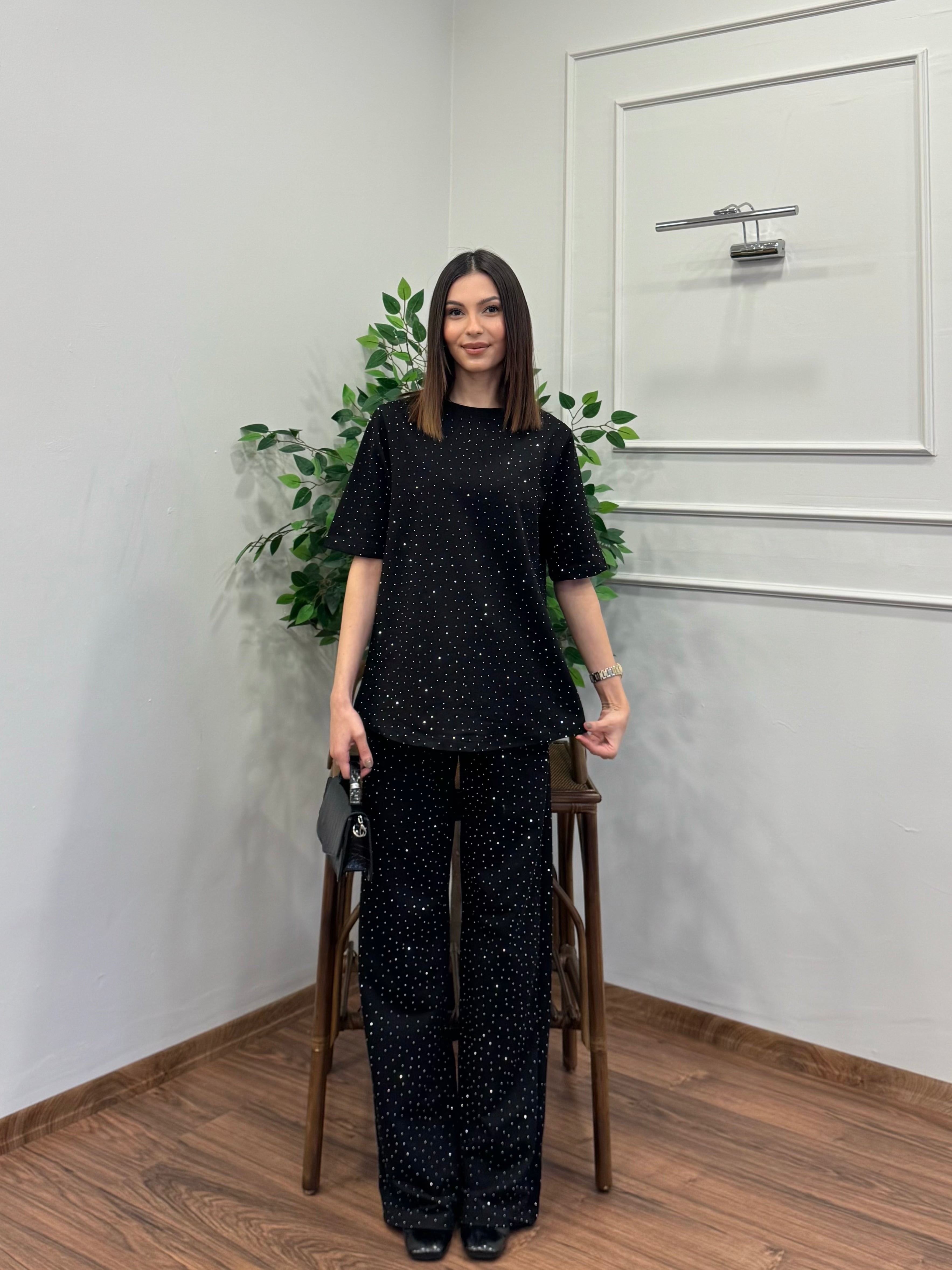Star Set Bluz Pantolon Siyah Taşlı Takım