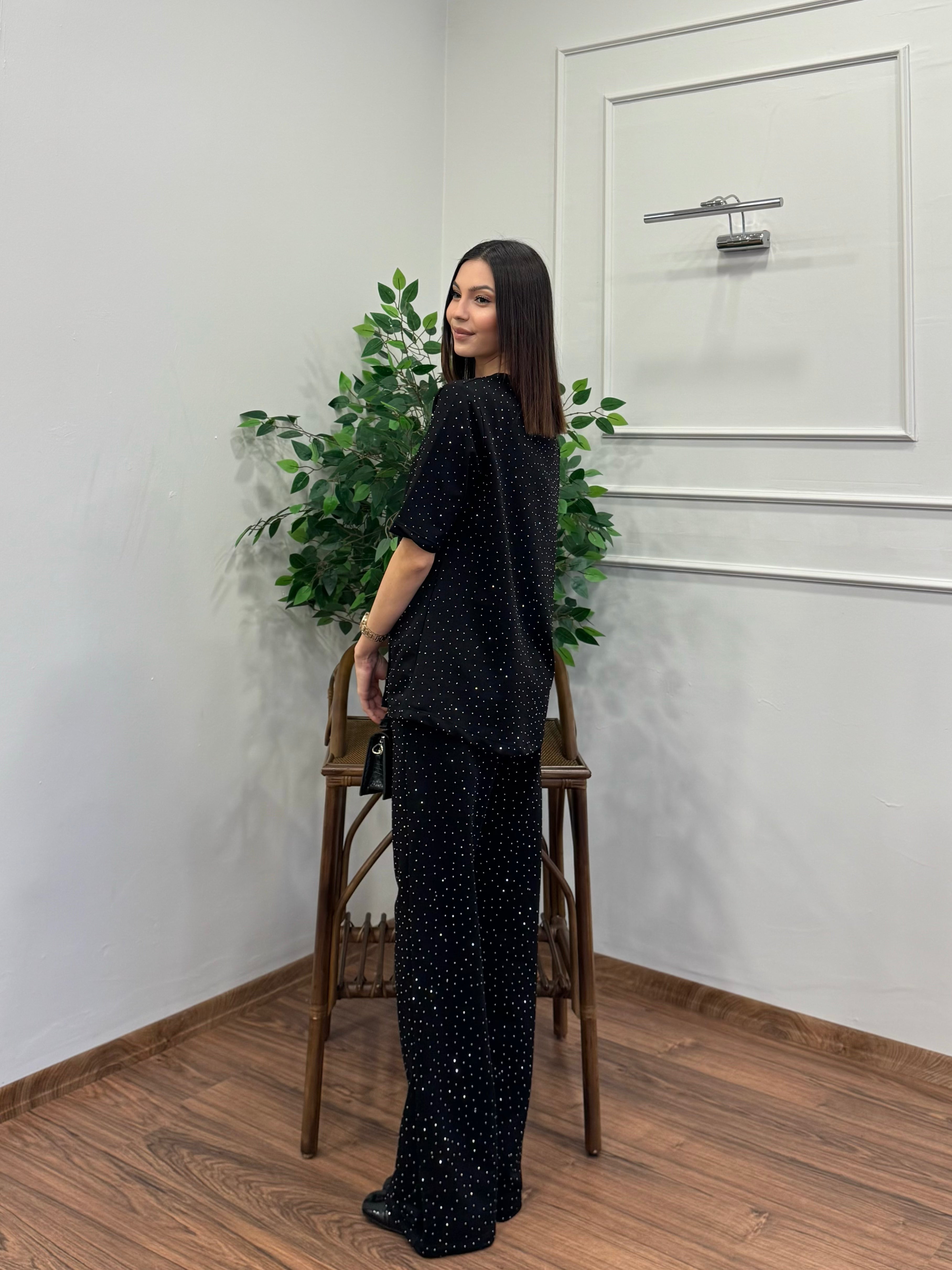 Star Set Bluz Pantolon Siyah Taşlı Takım