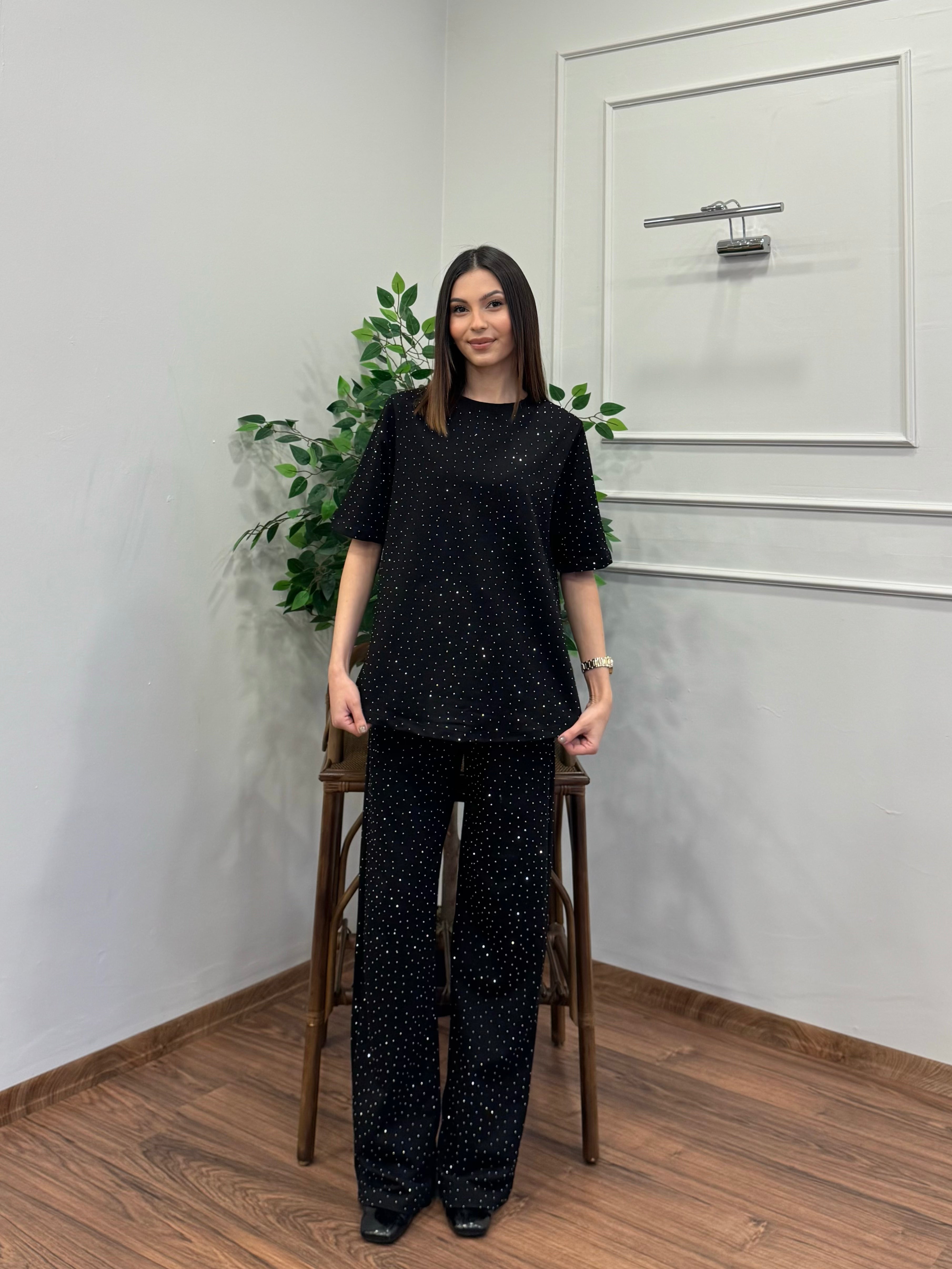 Star Set Bluz Pantolon Siyah Taşlı Takım