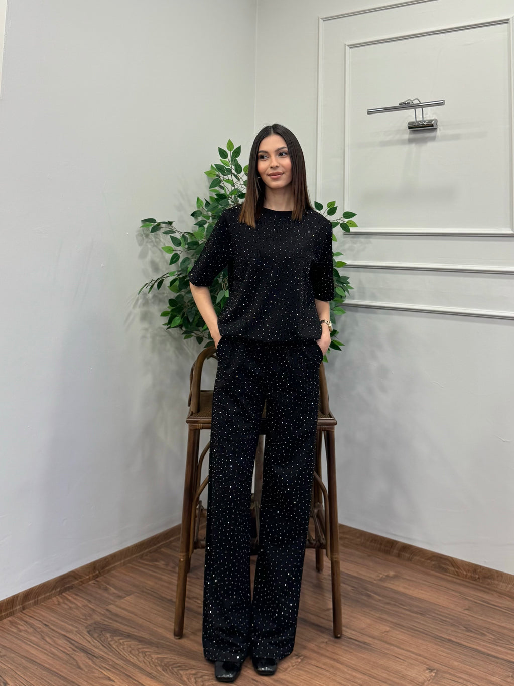 Star Set Bluz Pantolon Siyah Taşlı Takım