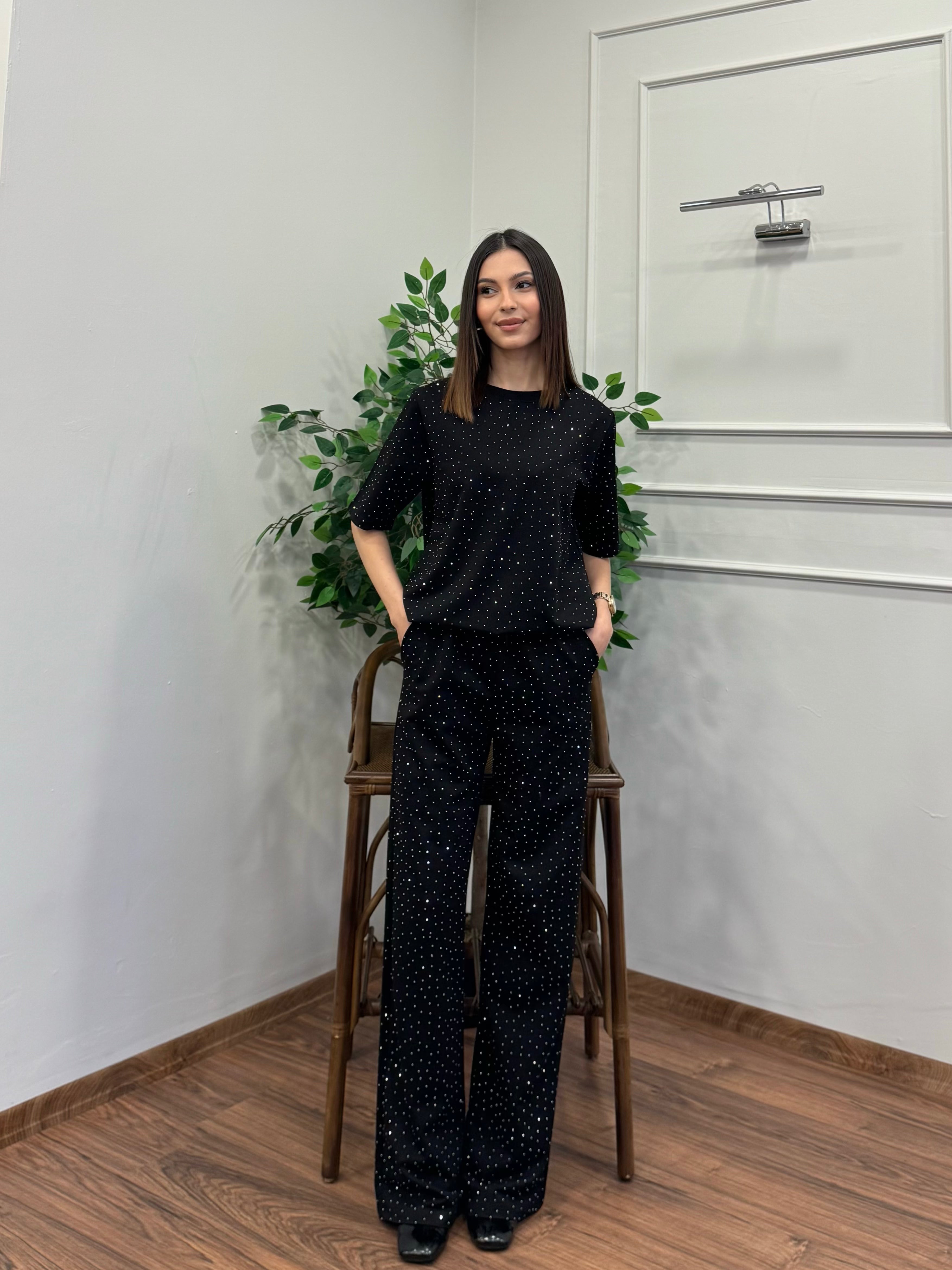 Star Set Bluz Pantolon Siyah Taşlı Takım