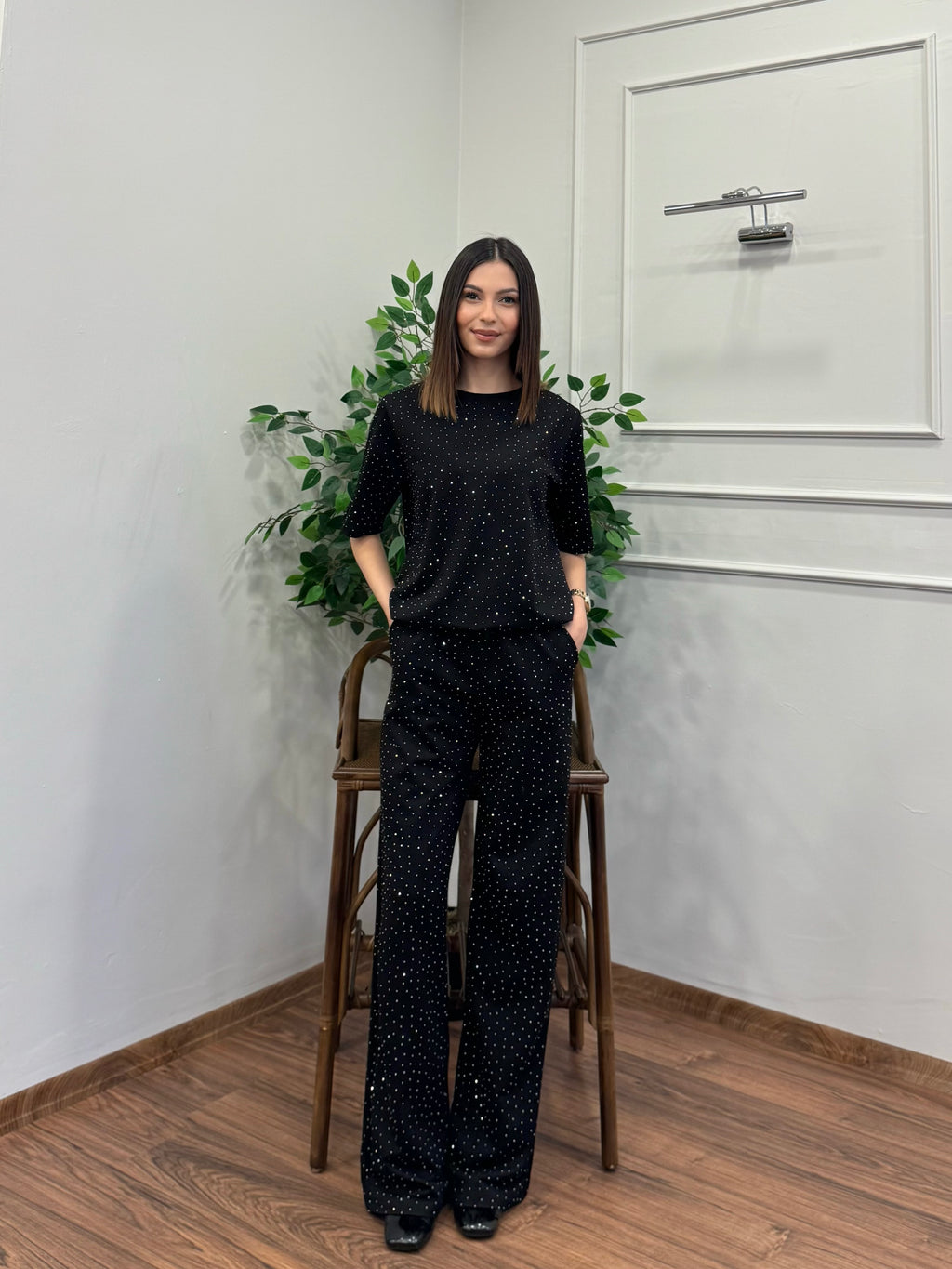 Star Set Bluz Pantolon Siyah Taşlı Takım