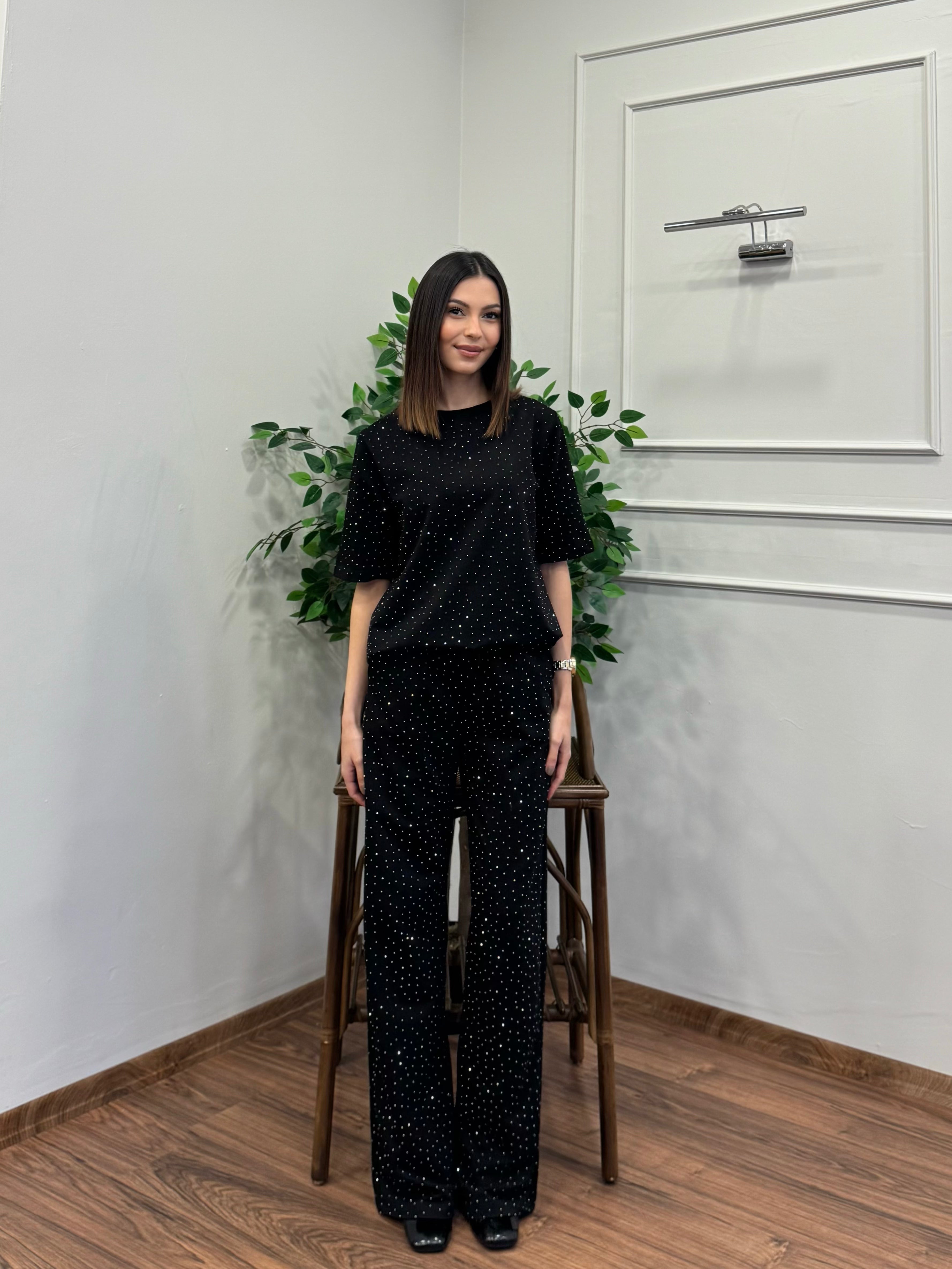 Star Set Bluz Pantolon Siyah Taşlı Takım