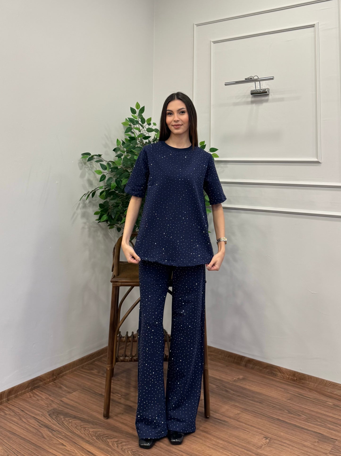 Star Set Bluz Pantolon Lacivert Taşlı Takım