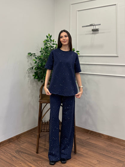 Star Set Bluz Pantolon Lacivert Taşlı Takım