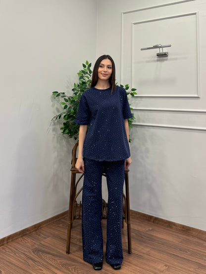 Star Set Bluz Pantolon Lacivert Taşlı Takım