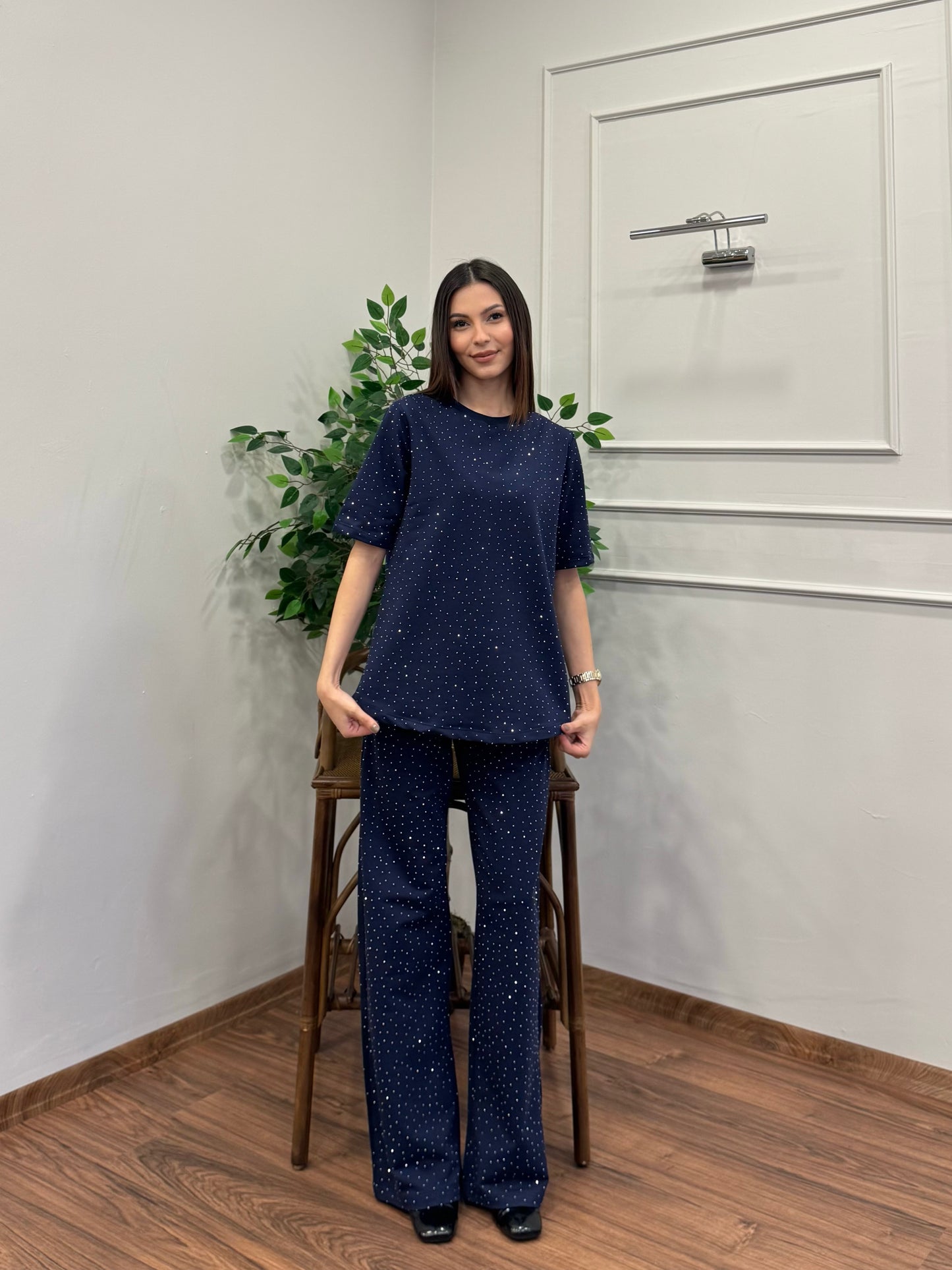 Star Set Bluz Pantolon Lacivert Taşlı Takım