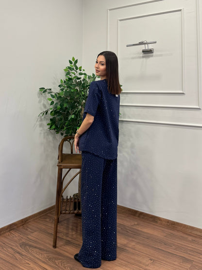 Star Set Bluz Pantolon Lacivert Taşlı Takım