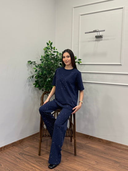 Star Set Bluz Pantolon Lacivert Taşlı Takım