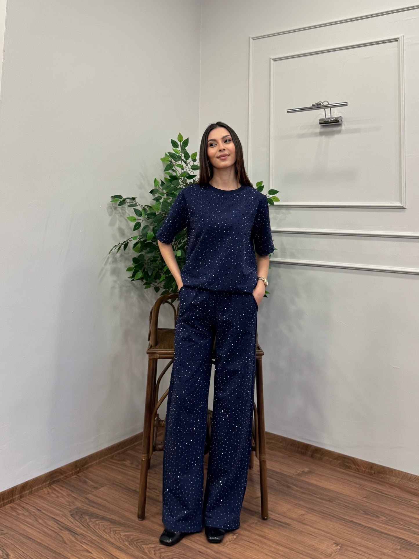 Star Set Bluz Pantolon Lacivert Taşlı Takım