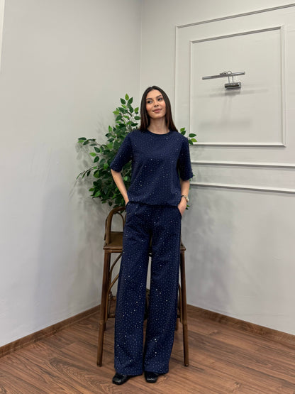 Star Set Bluz Pantolon Lacivert Taşlı Takım