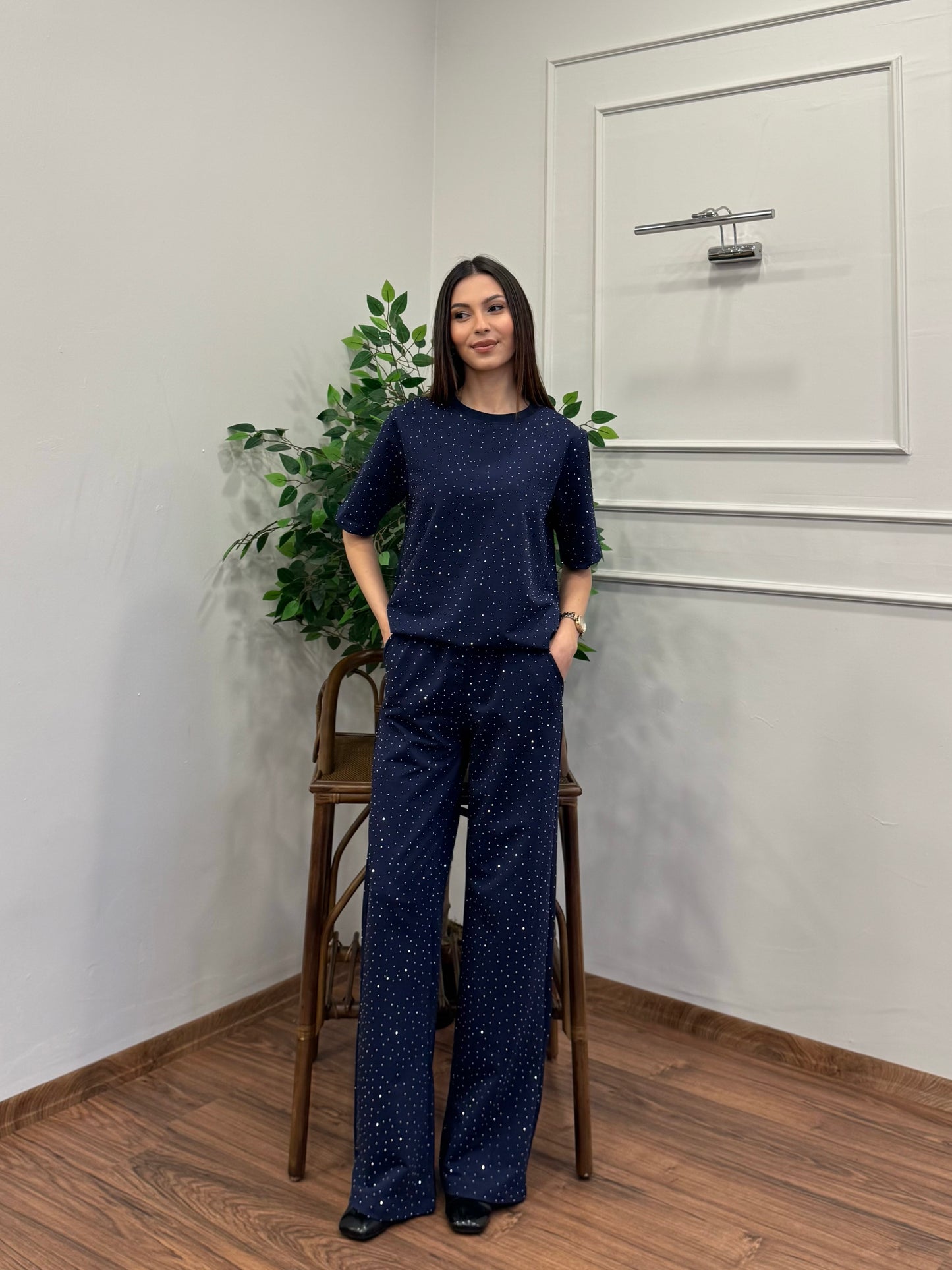 Star Set Bluz Pantolon Lacivert Taşlı Takım