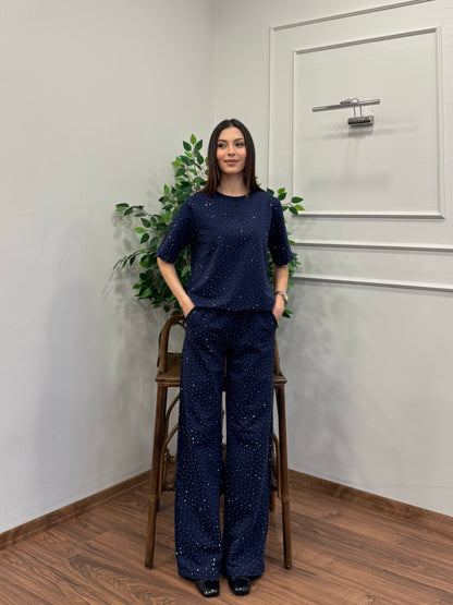 Star Set Bluz Pantolon Lacivert Taşlı Takım