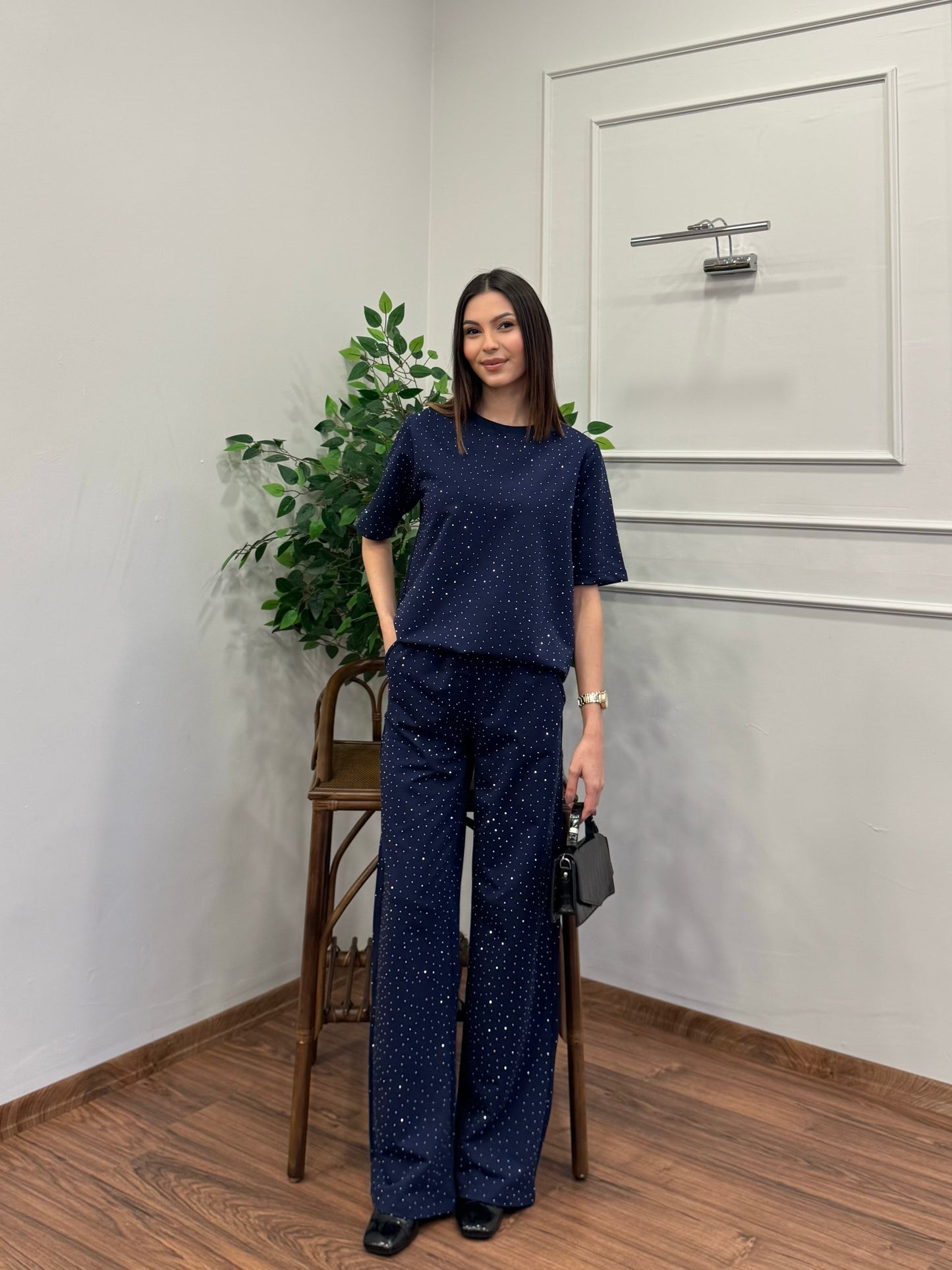 Star Set Bluz Pantolon Lacivert Taşlı Takım