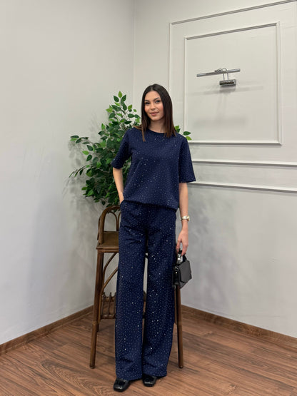 Star Set Bluz Pantolon Lacivert Taşlı Takım