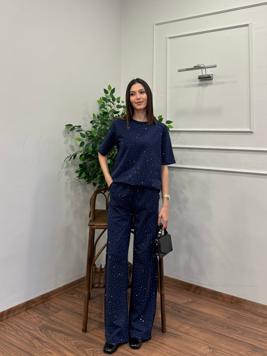 Star Set Bluz Pantolon Lacivert Taşlı Takım