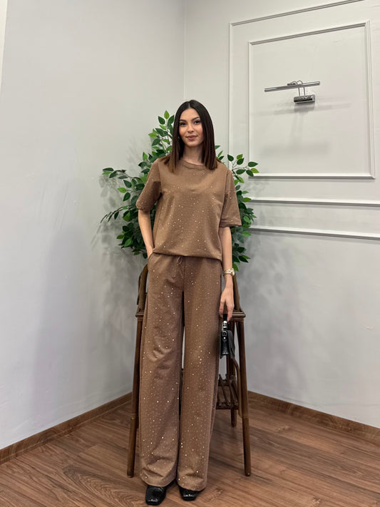 Star Set Bluz Pantolon Bej Taşlı Takım