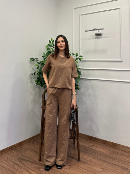 Star Set Bluz Pantolon Bej Taşlı Takım