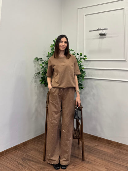 Star Set Bluz Pantolon Bej Taşlı Takım