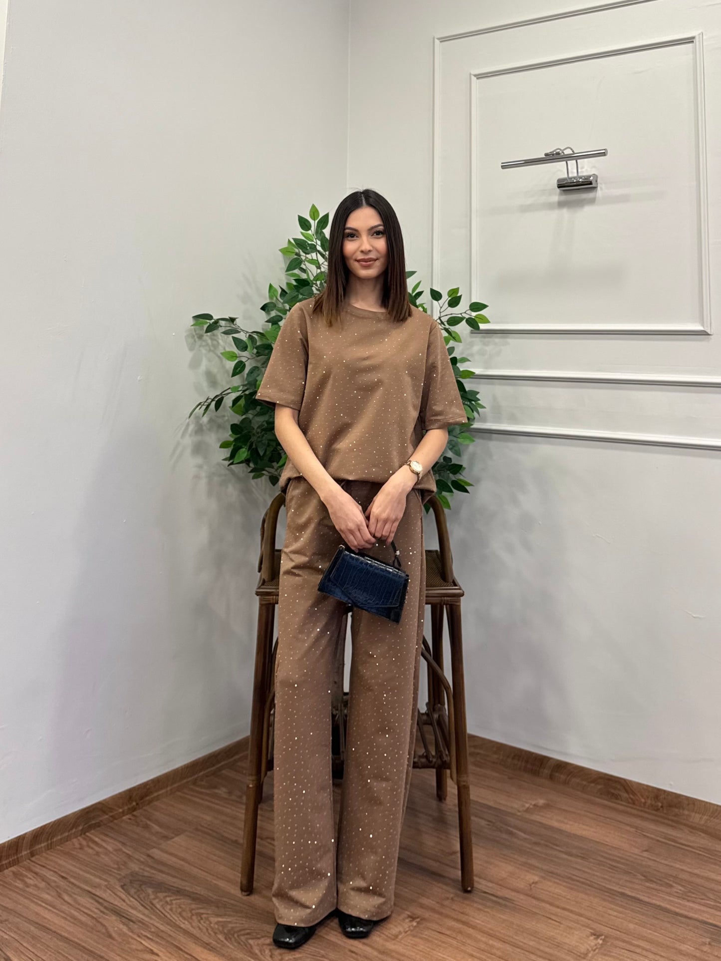 Star Set Bluz Pantolon Bej Taşlı Takım