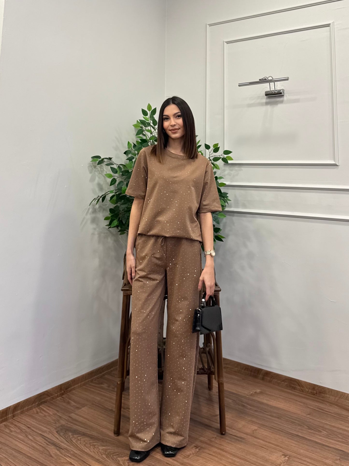 Star Set Bluz Pantolon Bej Taşlı Takım