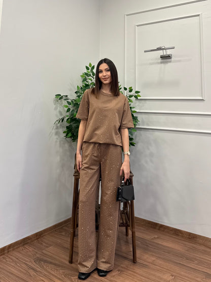 Star Set Bluz Pantolon Bej Taşlı Takım
