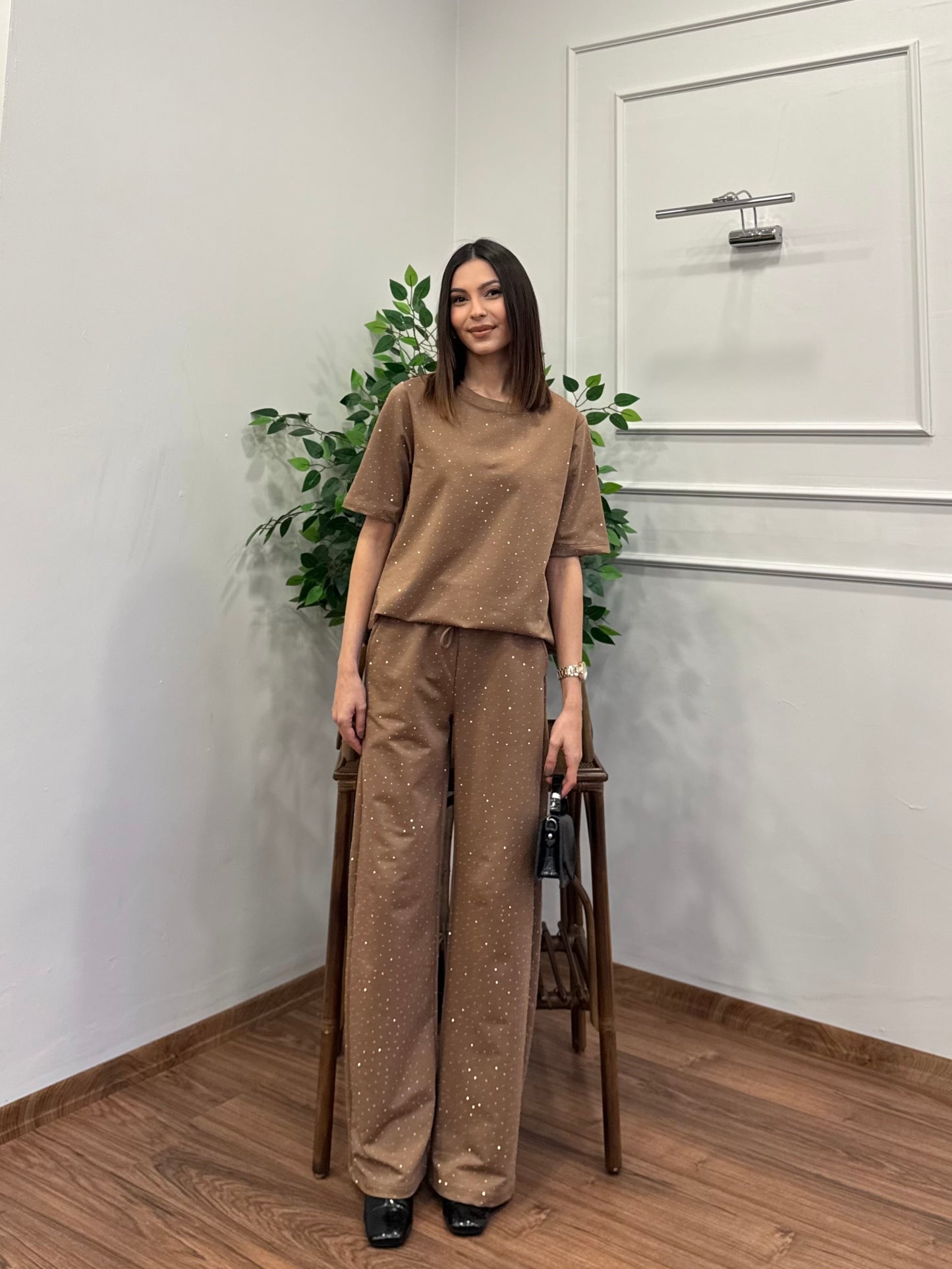 Star Set Bluz Pantolon Bej Taşlı Takım