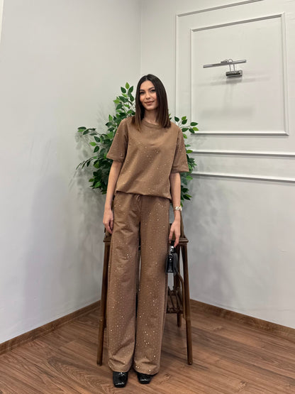 Star Set Bluz Pantolon Bej Taşlı Takım