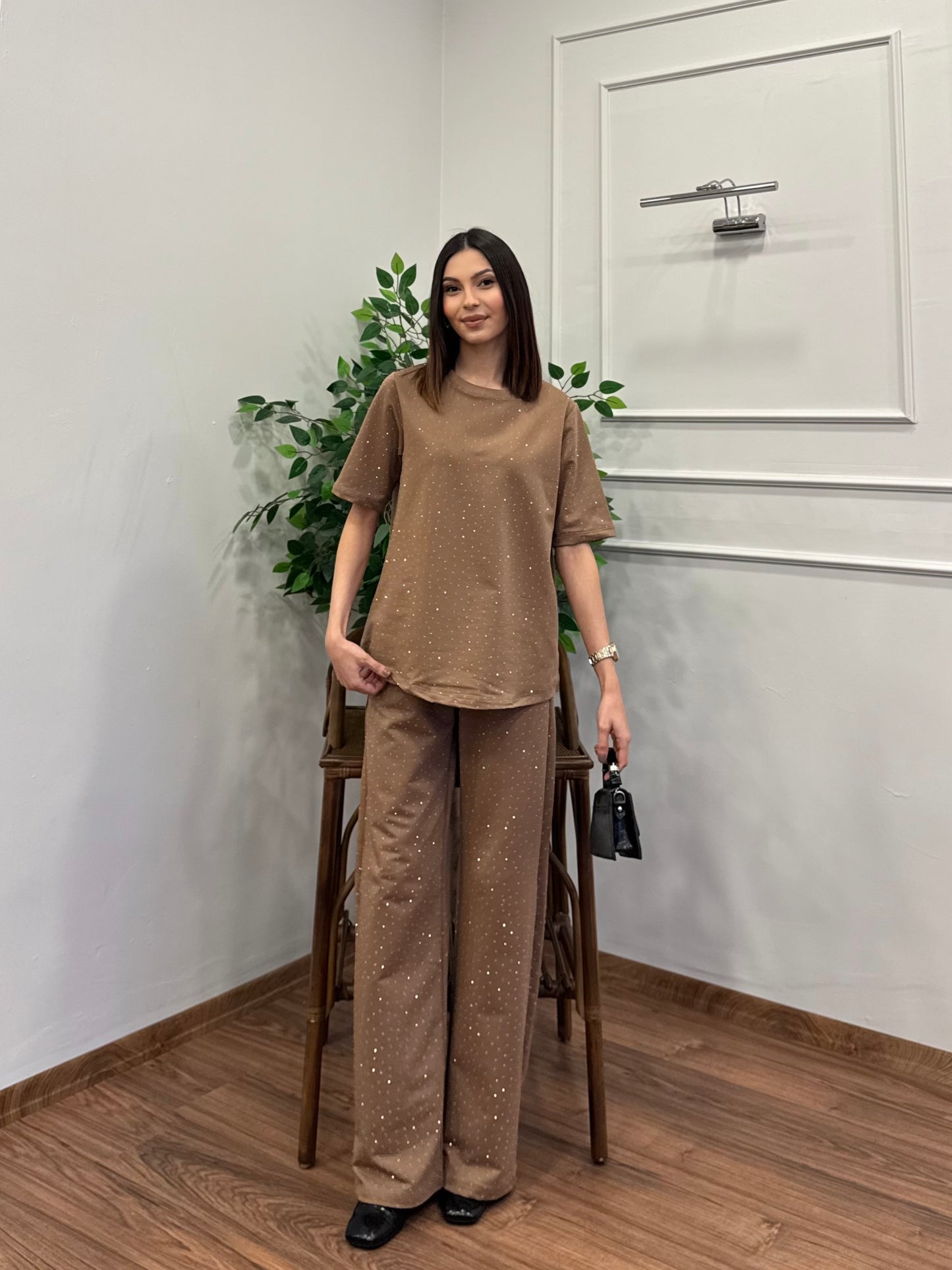 Star Set Bluz Pantolon Bej Taşlı Takım