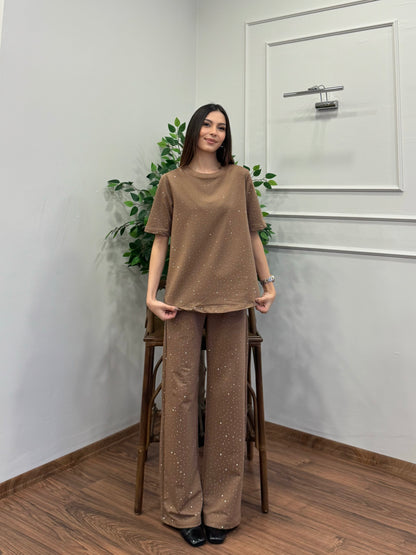 Star Set Bluz Pantolon Bej Taşlı Takım