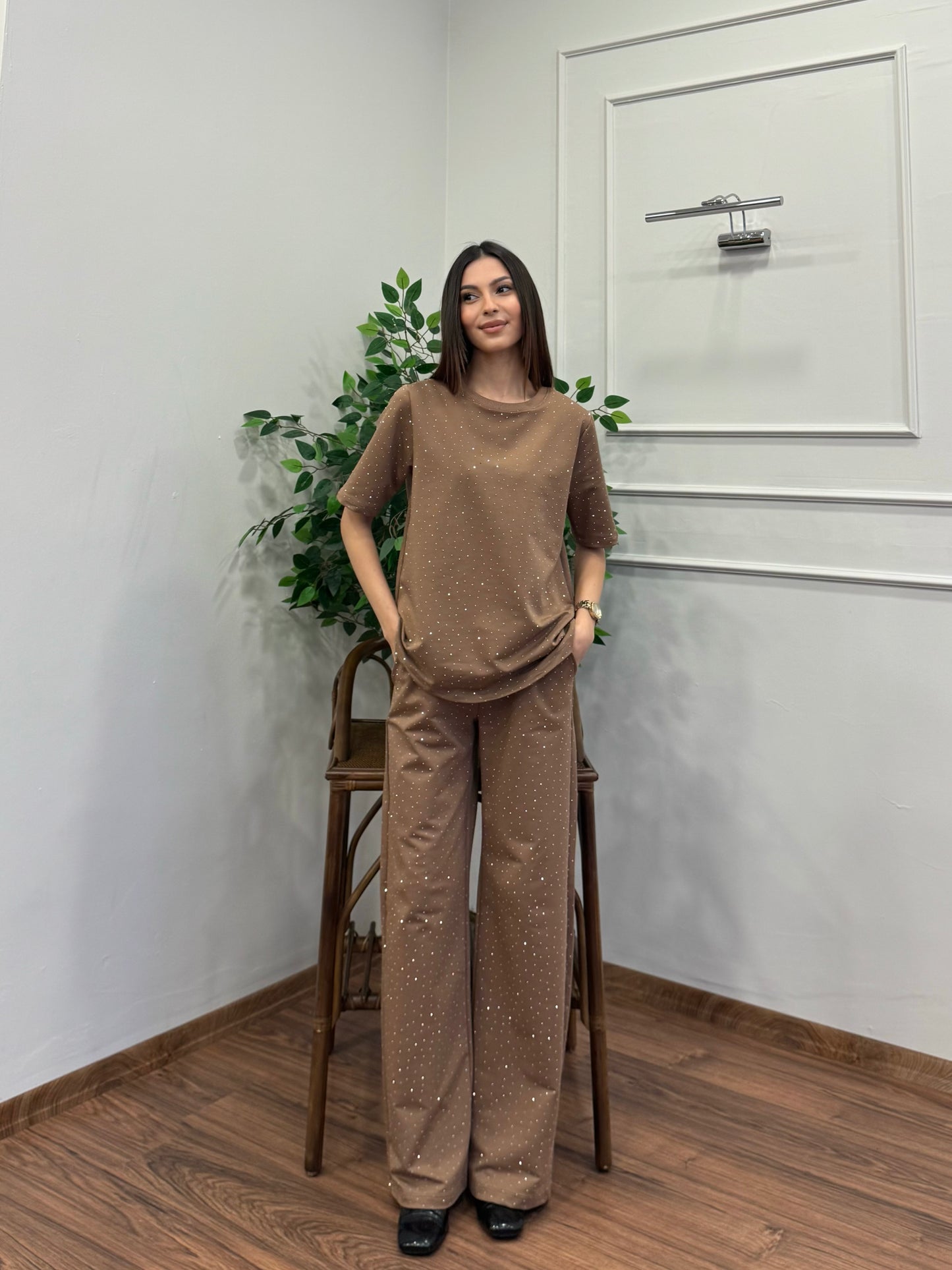 Star Set Bluz Pantolon Bej Taşlı Takım