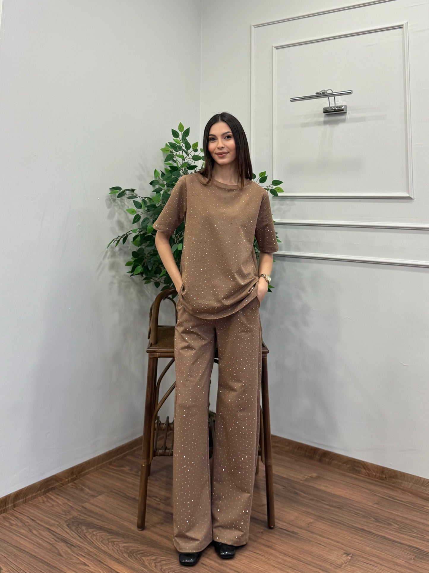Star Set Bluz Pantolon Bej Taşlı Takım