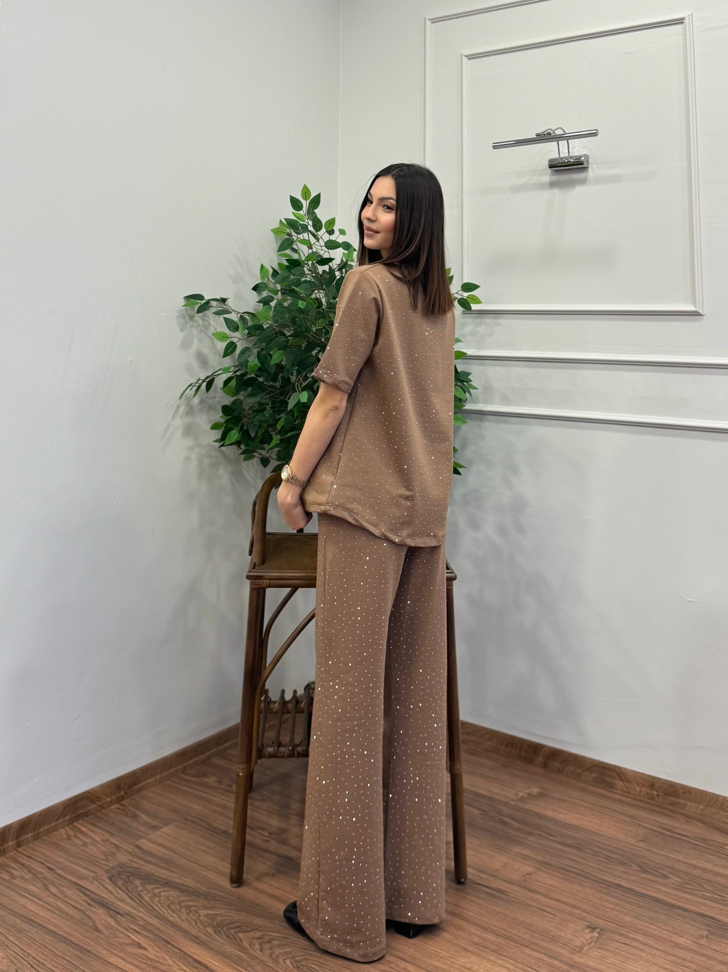 Star Set Bluz Pantolon Bej Taşlı Takım