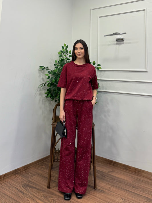 Star Set Bluz Pantolon Bordo Taşlı Takım