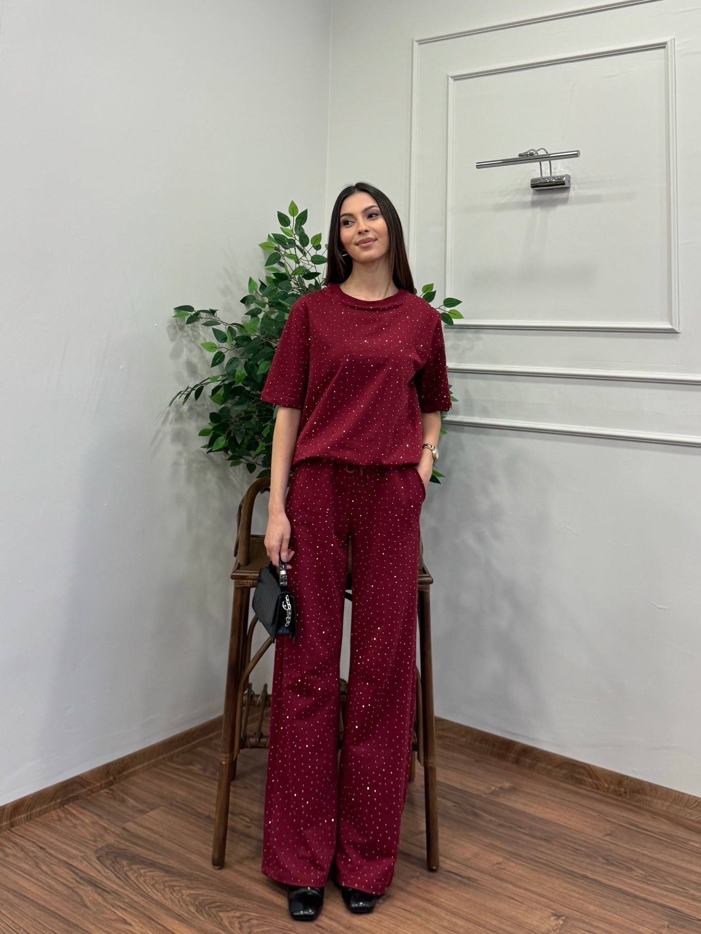 Star Set Bluz Pantolon Bordo Taşlı Takım
