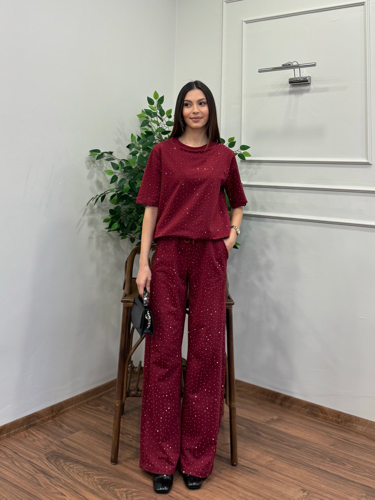 Star Set Bluz Pantolon Bordo Taşlı Takım