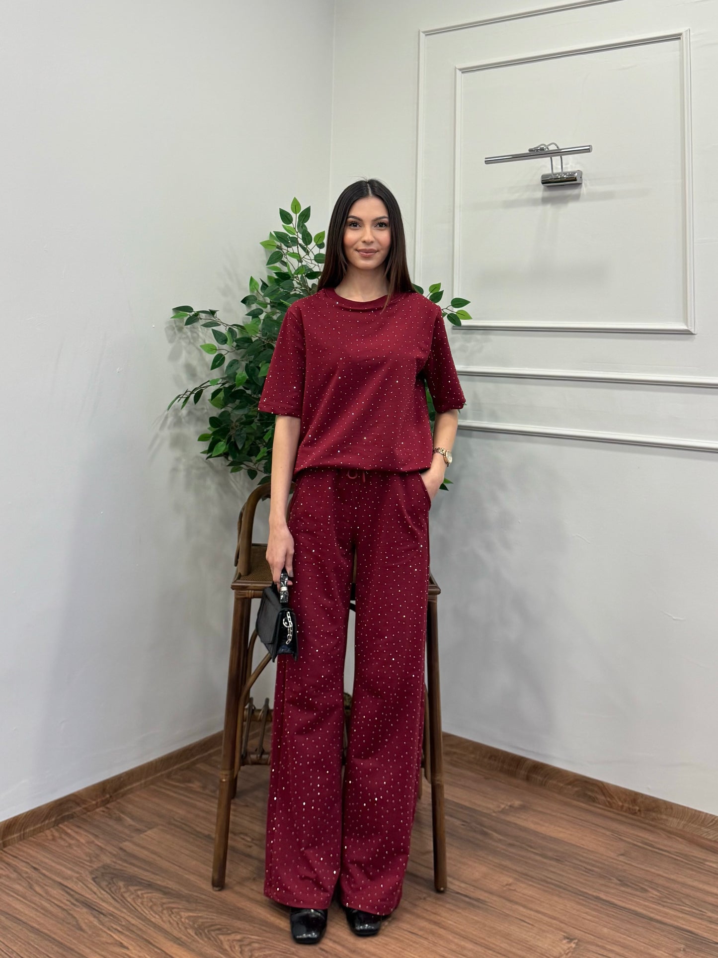 Star Set Bluz Pantolon Bordo Taşlı Takım
