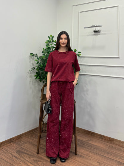 Star Set Bluz Pantolon Bordo Taşlı Takım
