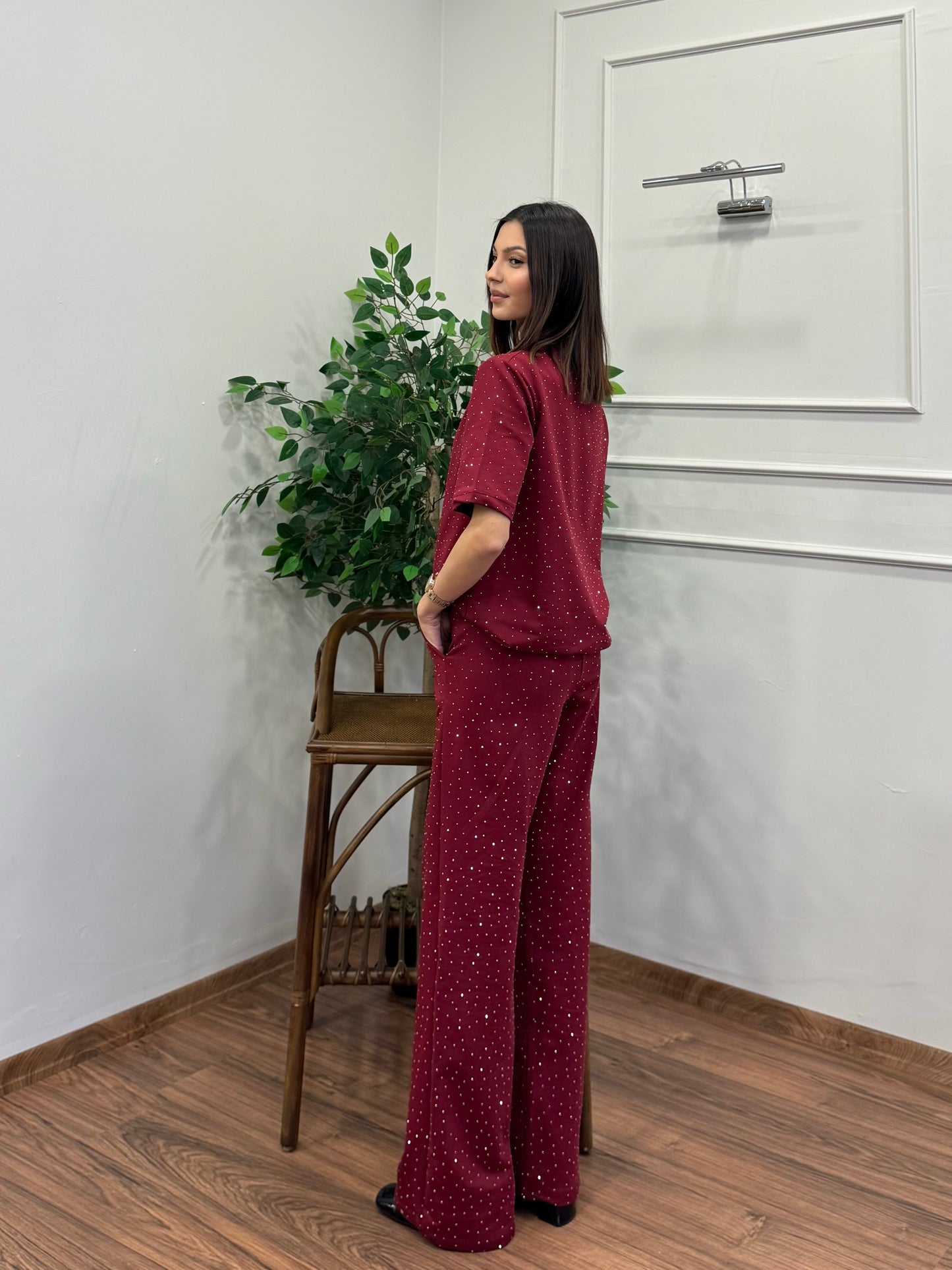 Star Set Bluz Pantolon Bordo Taşlı Takım