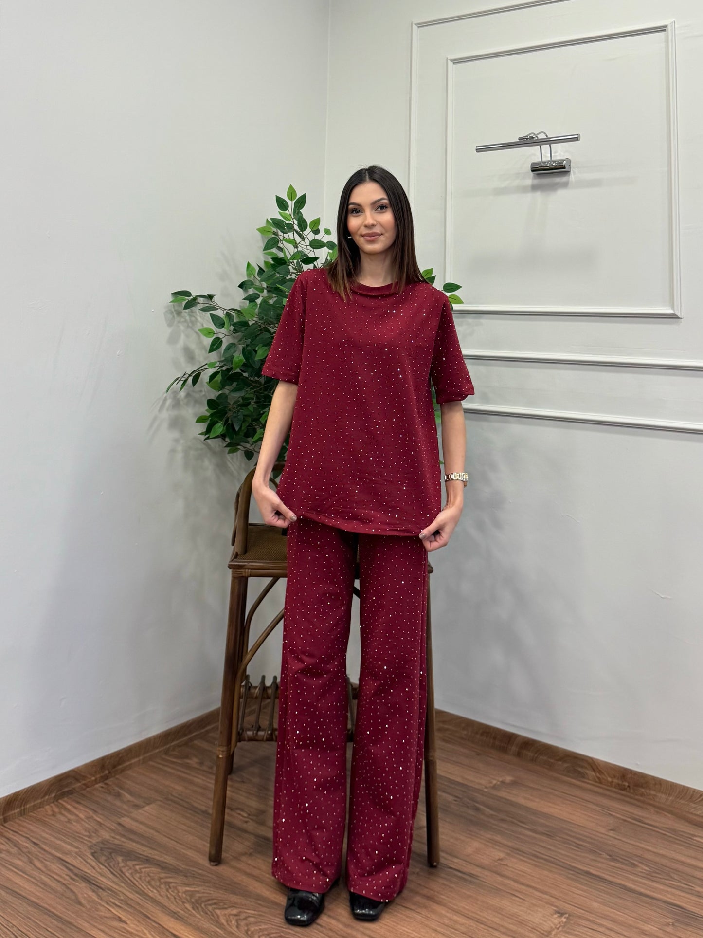 Star Set Bluz Pantolon Bordo Taşlı Takım