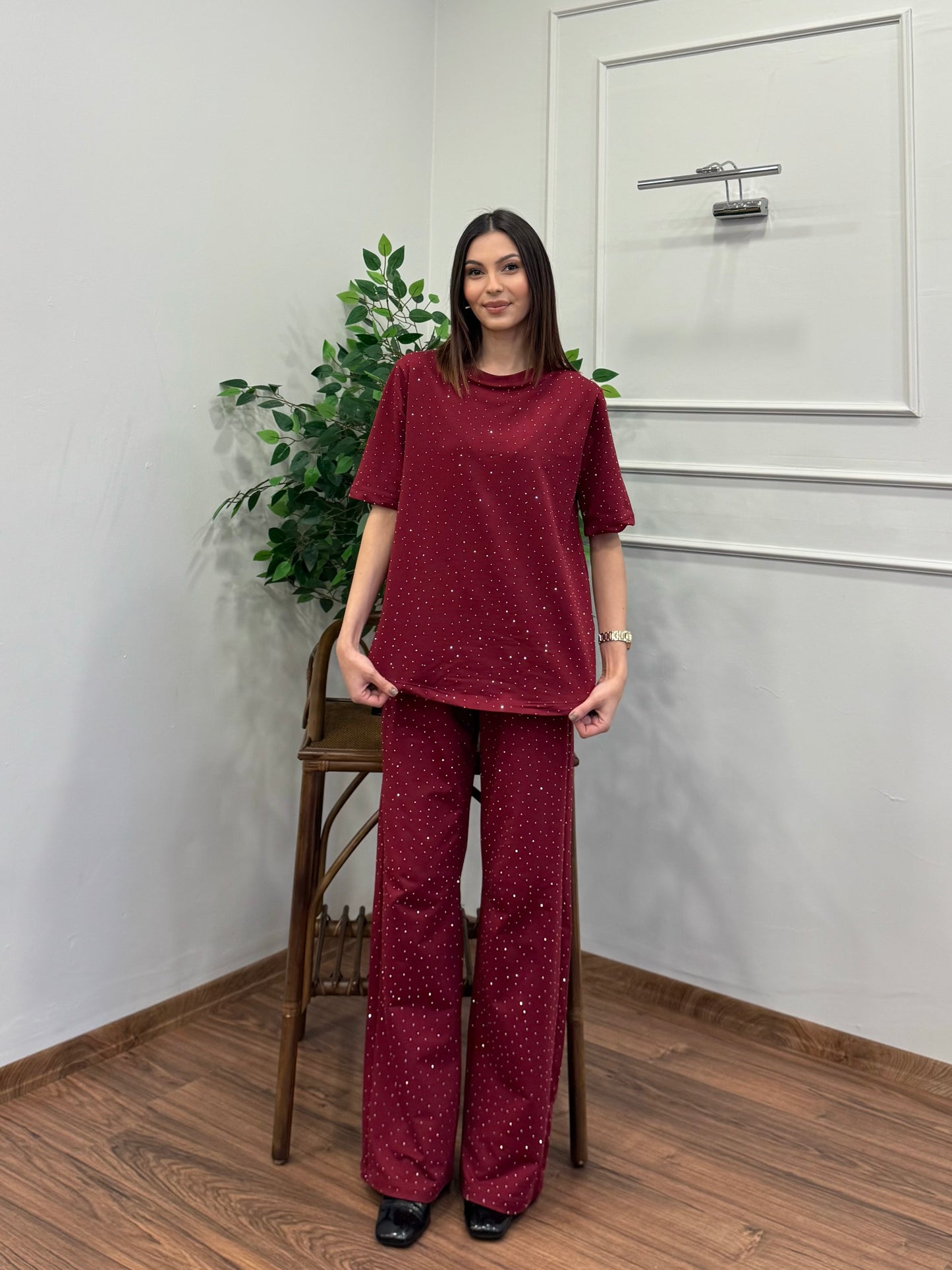 Star Set Bluz Pantolon Bordo Taşlı Takım