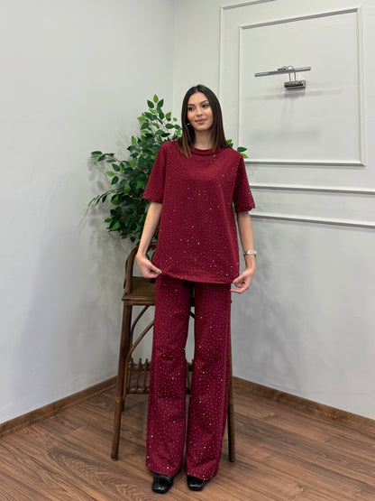 Star Set Bluz Pantolon Bordo Taşlı Takım