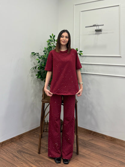 Star Set Bluz Pantolon Bordo Taşlı Takım