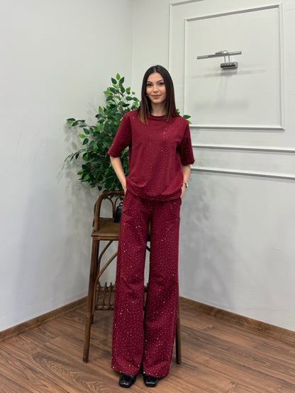 Star Set Bluz Pantolon Bordo Taşlı Takım