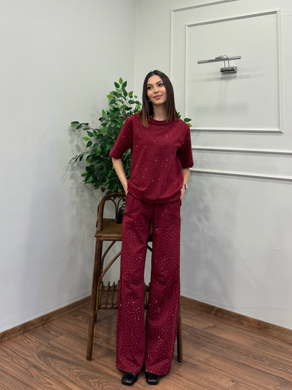 Star Set Bluz Pantolon Bordo Taşlı Takım