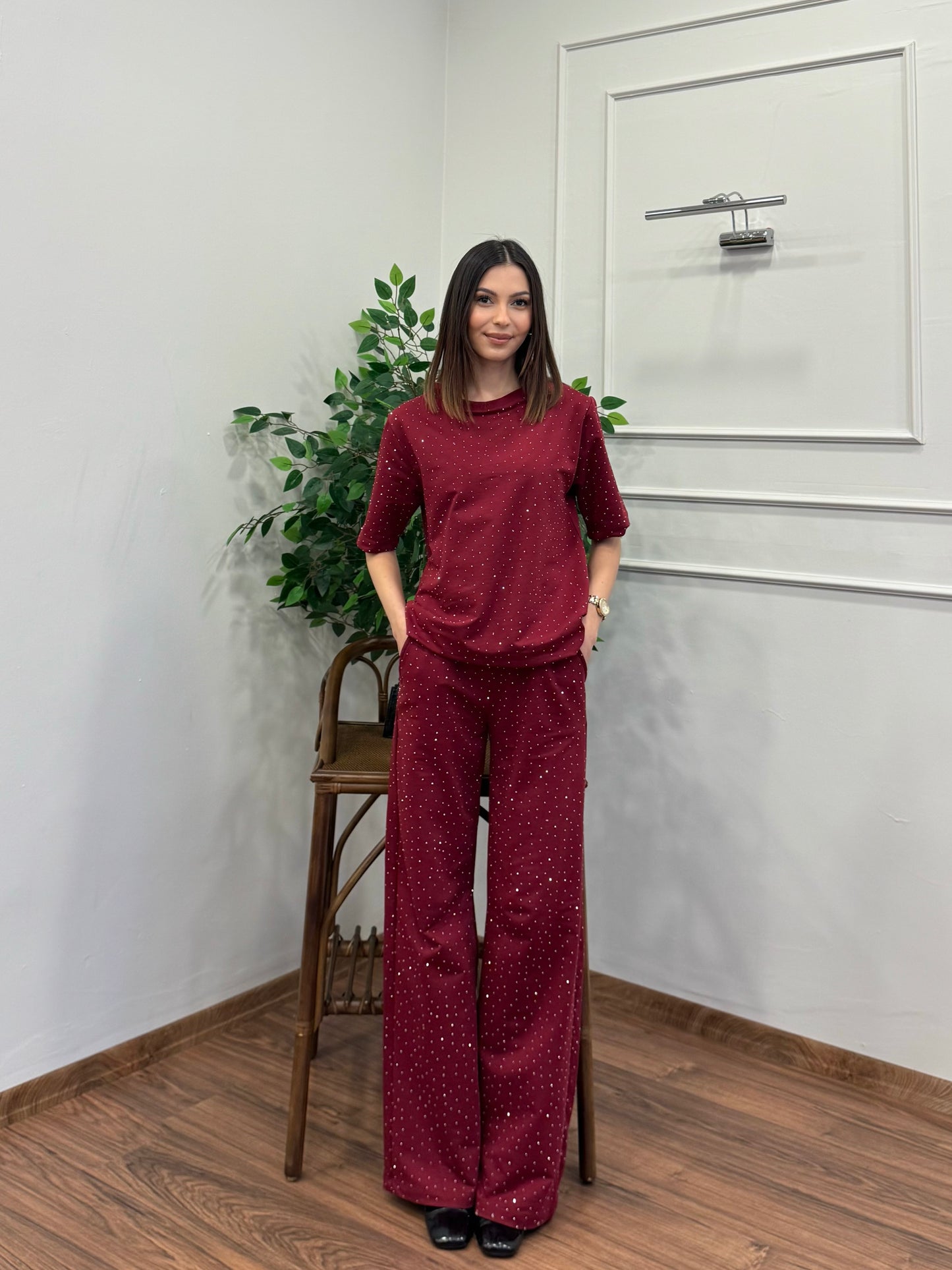 Star Set Bluz Pantolon Bordo Taşlı Takım