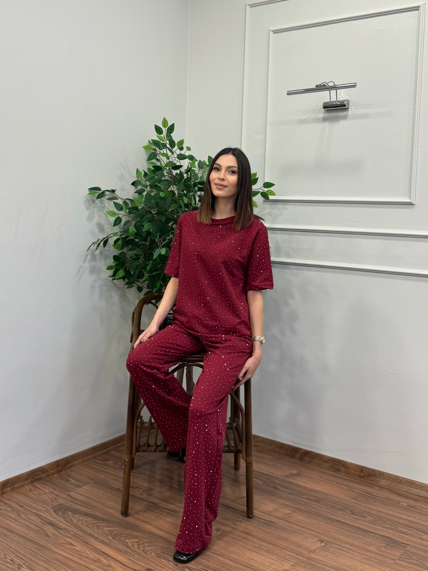 Star Set Bluz Pantolon Bordo Taşlı Takım